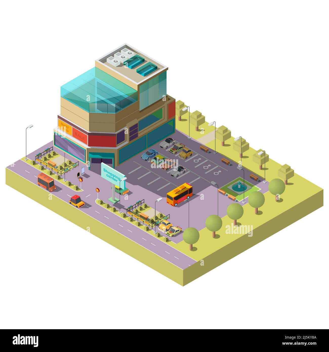 Vector 3d isometric shopping center with parking area. Multistorey modern building with place for different cars, bus stop. Supermarket, mall with gla Stock Vector