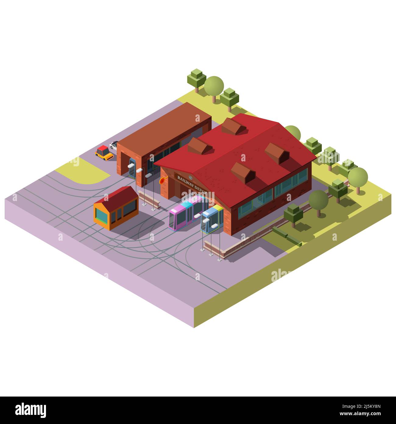 Railway depot isometric projection vector with trams, subway trains or passenger train locomotives standing in hangars, going on route illustration. C Stock Vector