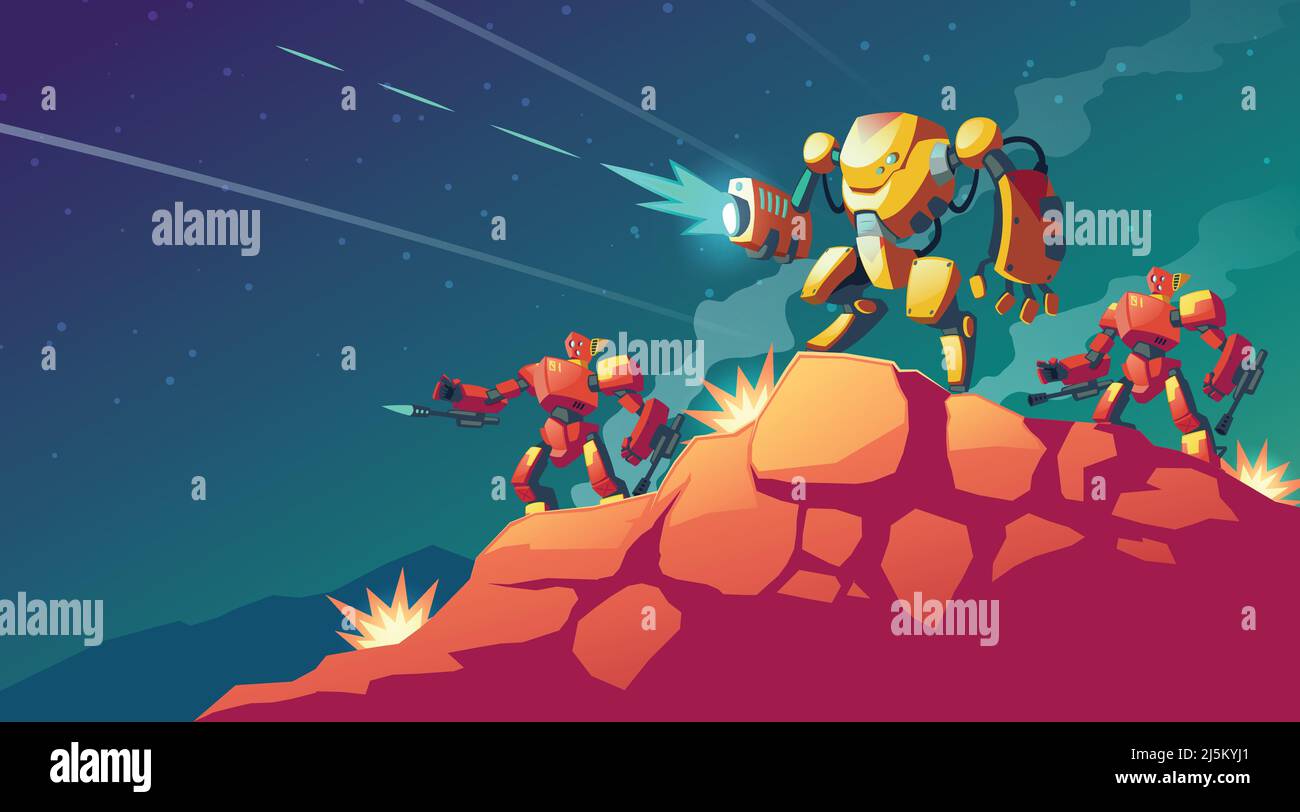 Vector cartoon illustration with robot war on alien planet, Mars ...