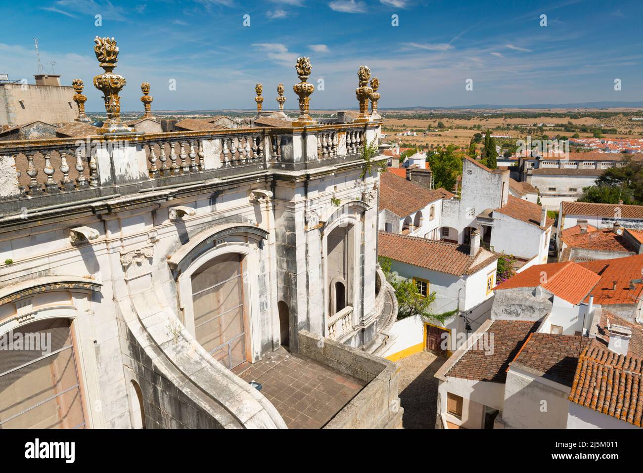 The roof / balcony of the Evora cathedral with a view on the city and surroundings of Evora. Portugal. Stock Photo