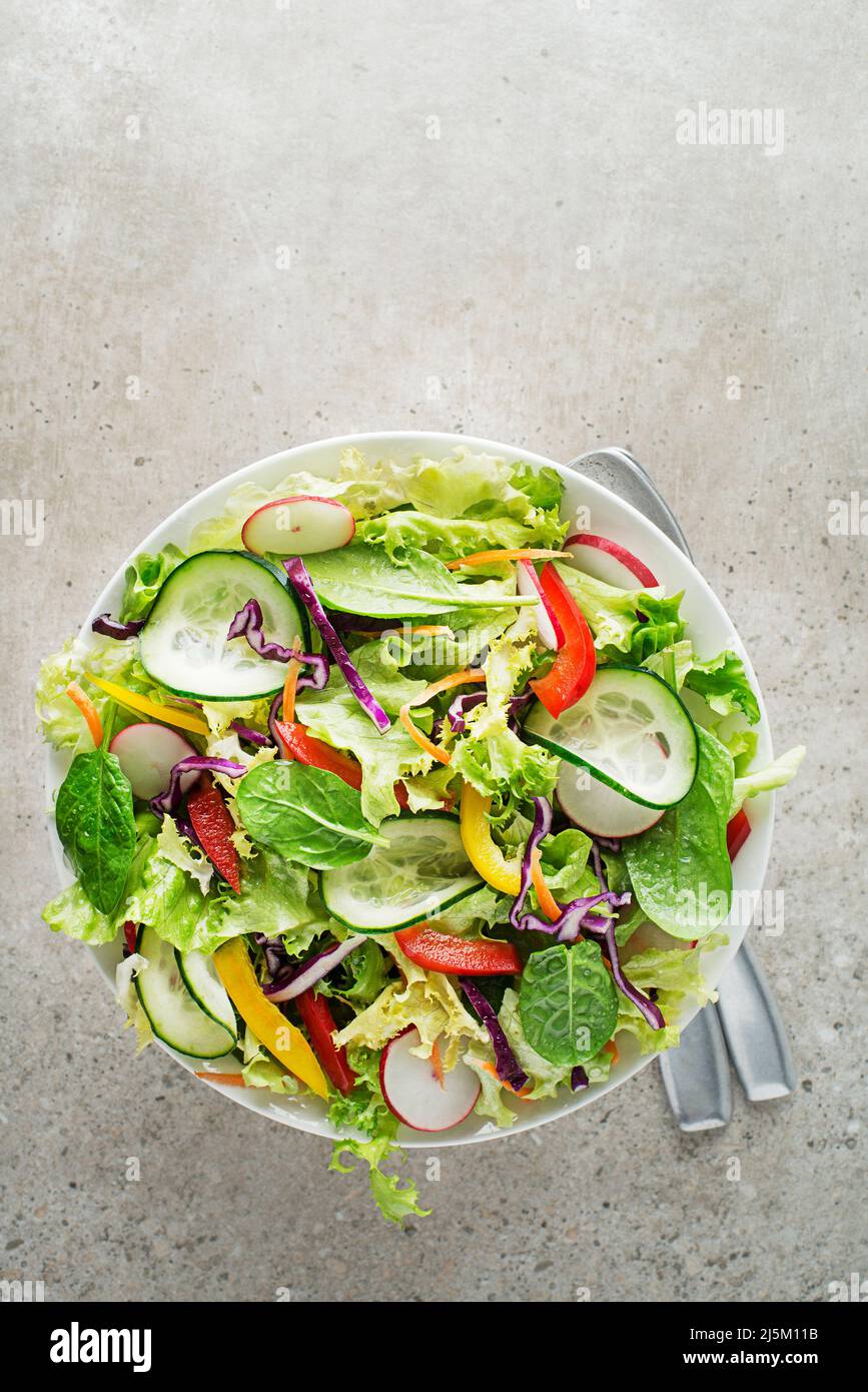 Green lettuce salad with fresh mixed vegetables on grey table background Stock Photo