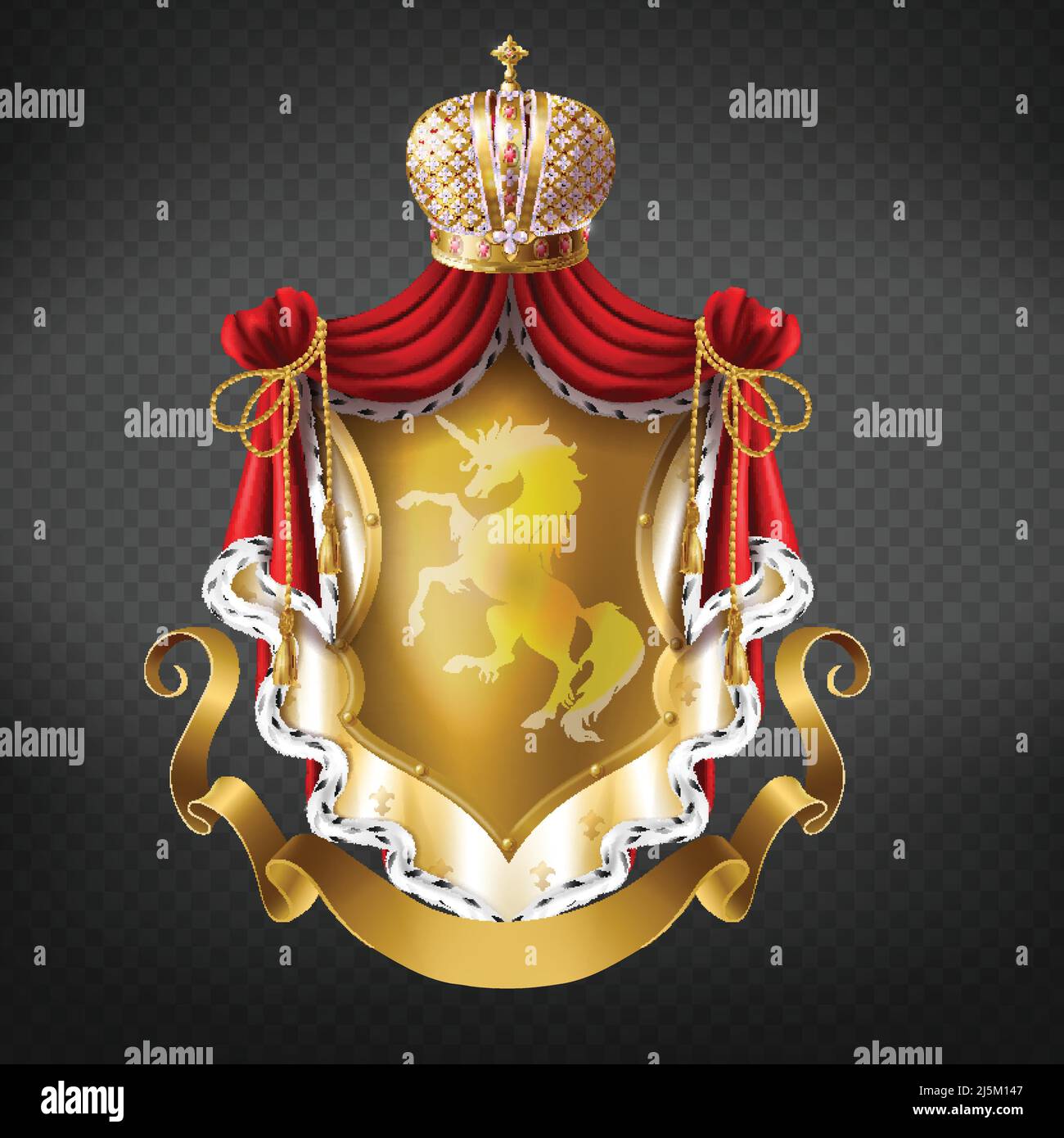 Vector golden royal coat of arms with crown, shield with unicorn, red ...