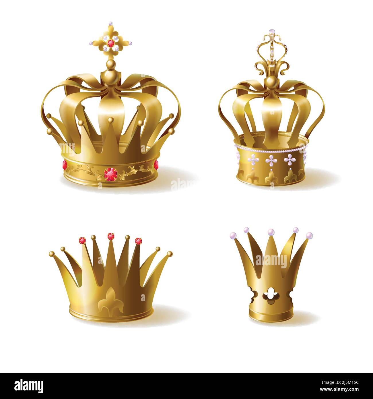 King or queen golden crowns decorated with precious gems realistic ...