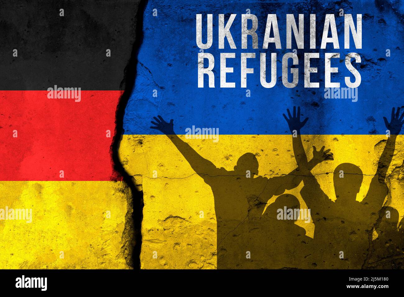 Ukrainian refugees to Germany. War and military conflict, Russia aggressor. Crisis, migration and emigration. Flags background with text Stock Photo