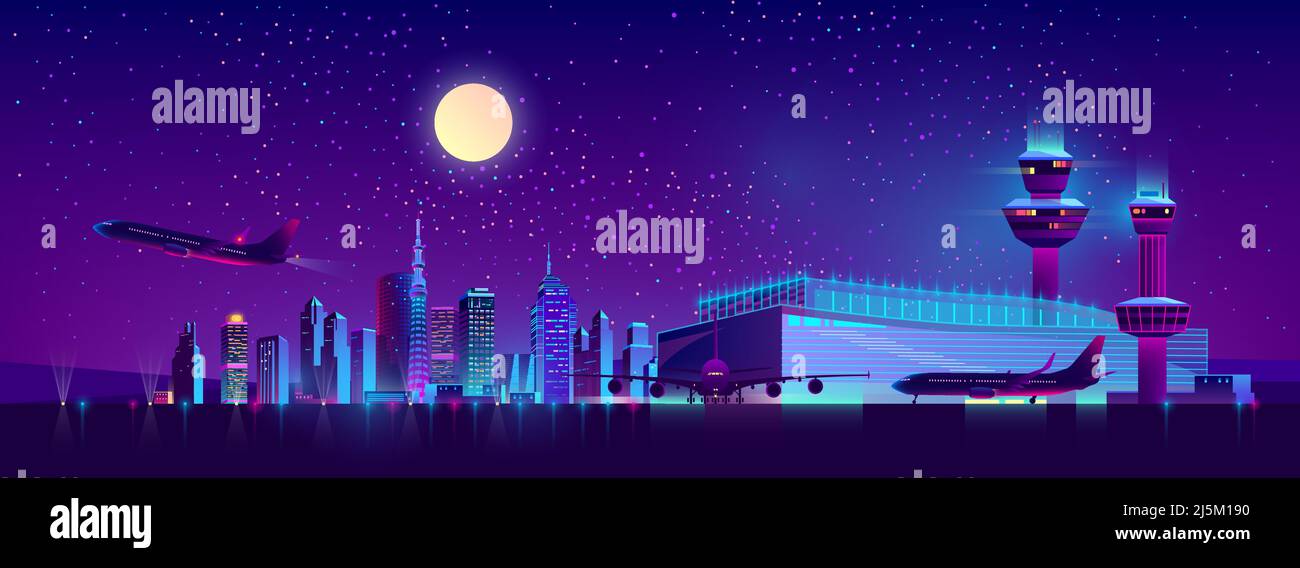 Modern airport cartoon vector with airliners standing near terminal with control tower, taking off from runway on background of night city skyscrapers Stock Vector