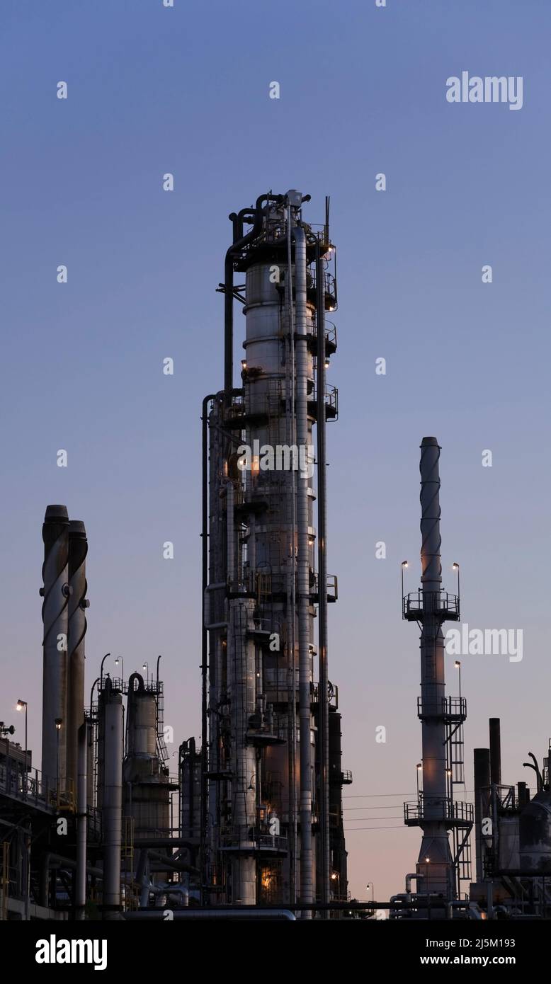 Oil Refinery at dusk, Montreal east, Quebec, Canada Stock Photo