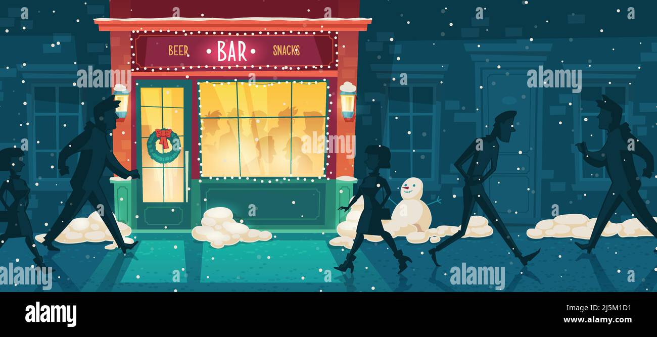 Vector background with beer bar at winter, Christmas Eve. People on the street and inside the establishment. Facade, entrance with illumination, signb Stock Vector