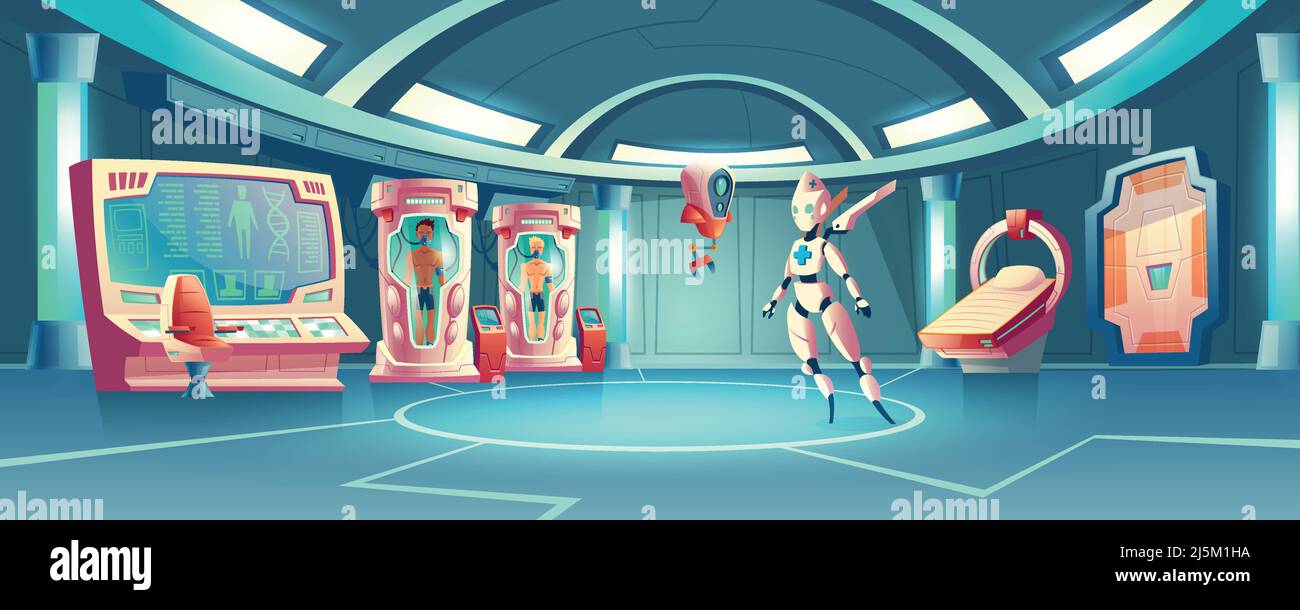 Vector cartoon background anabiosis room with hibernation cameras, medic robot to control sleep of astronauts. Spaceship orlop with cryogenic freezing Stock Vector