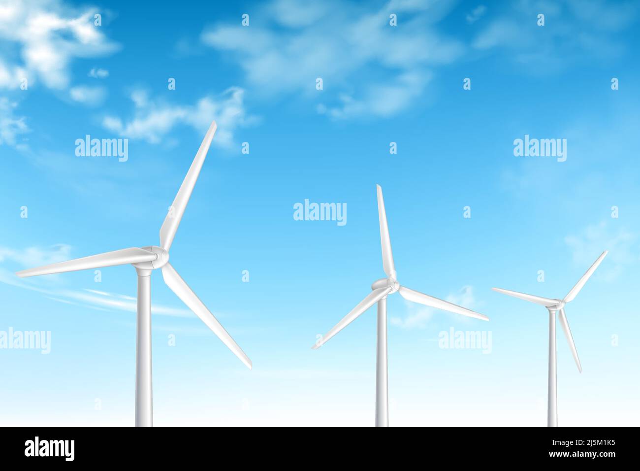 Wind turbines on cloudy blue sky background realistic vector ...