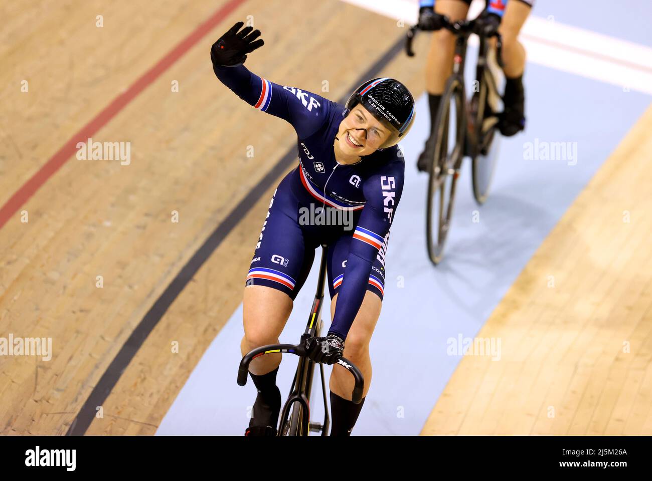 France's Mathilde Gros celebrates after winning gold in the Women's Keirin  final 1-6 during day four of the Tissot UCI Track Nations Cup 2022 at the  Sir Chris Hoy Velodrome, Glasgow. Picture