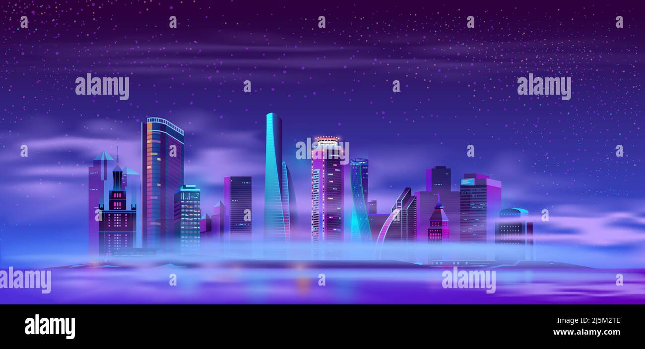 Futuristic skyscraper buildings on river or ocean island covered thick fog or mist neon color cartoon vector. Metropolis district on artificial island Stock Vector