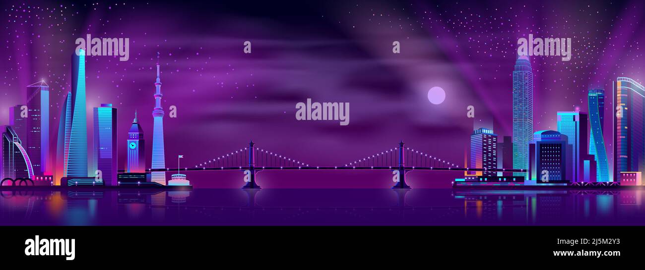 Modern city night landscape neon color cartoon vector with suspension ...