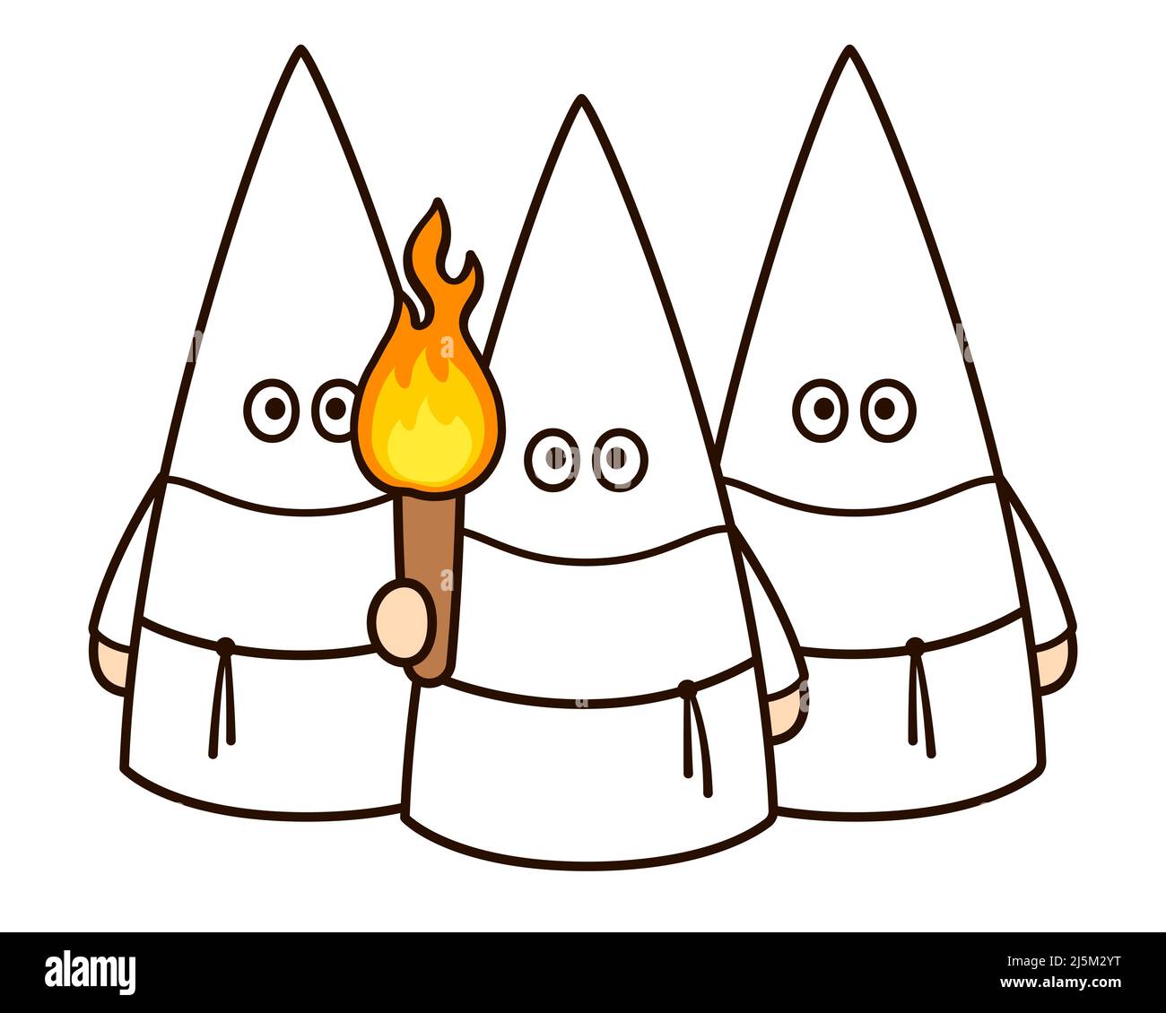 A mob of Ku Klux Klan members in white hoods with torch. American history cartoon, white supremacy extremists. Vector clip art illustration. Stock Vector