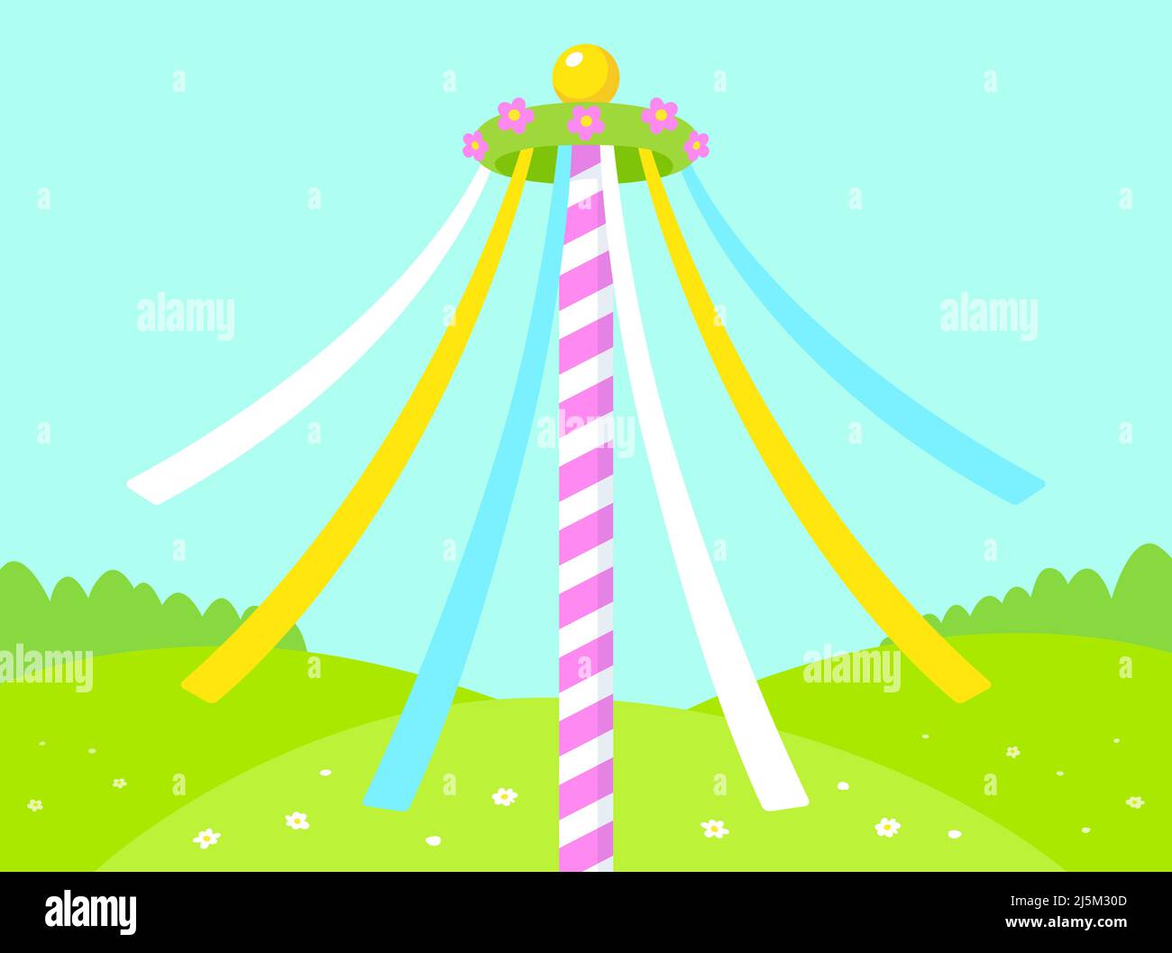 Maypole decorated with flowers and ribbons, May Day festival celebration. Cartoon vector clip art illustration. Stock Vector