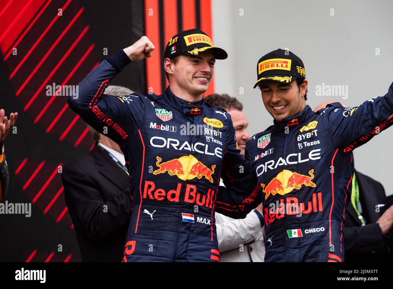 April 24 22 Imola Italy Podium Verstappen Max Ned Red Bull Racing Rb18 Portrait Perez Sergio Mex Red Bull Racing Rb18 Portrait During The Formula 1 Grand Premio Del Made In Italy