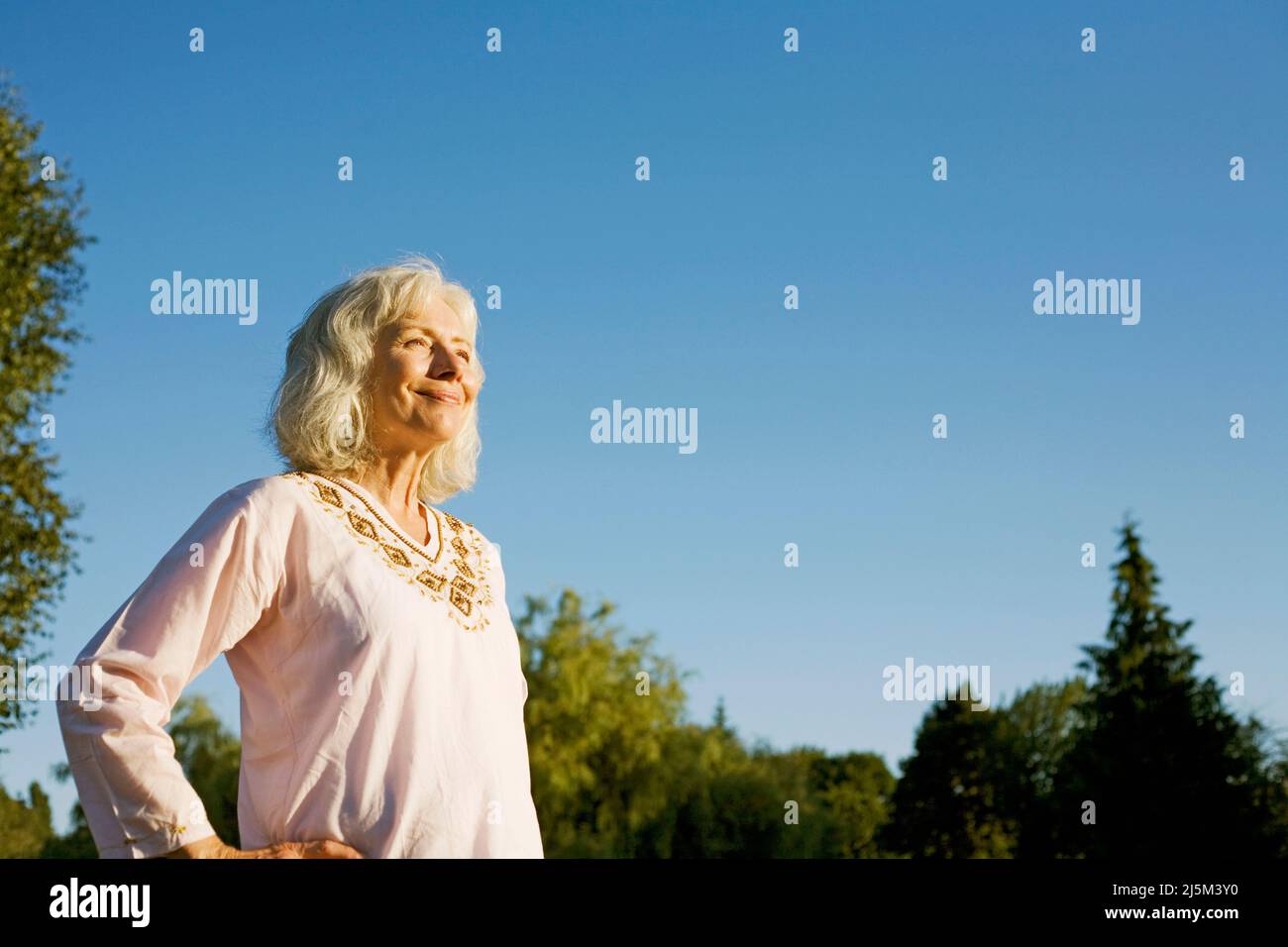 Portrait of senior woman with grey hair smiling Stock Photo
