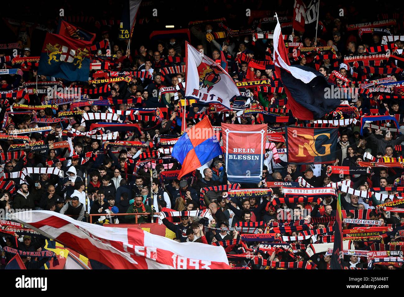 Genoa, Italy. 24 April 2022. Fans of Genoa CFC show their support prior to  the Serie