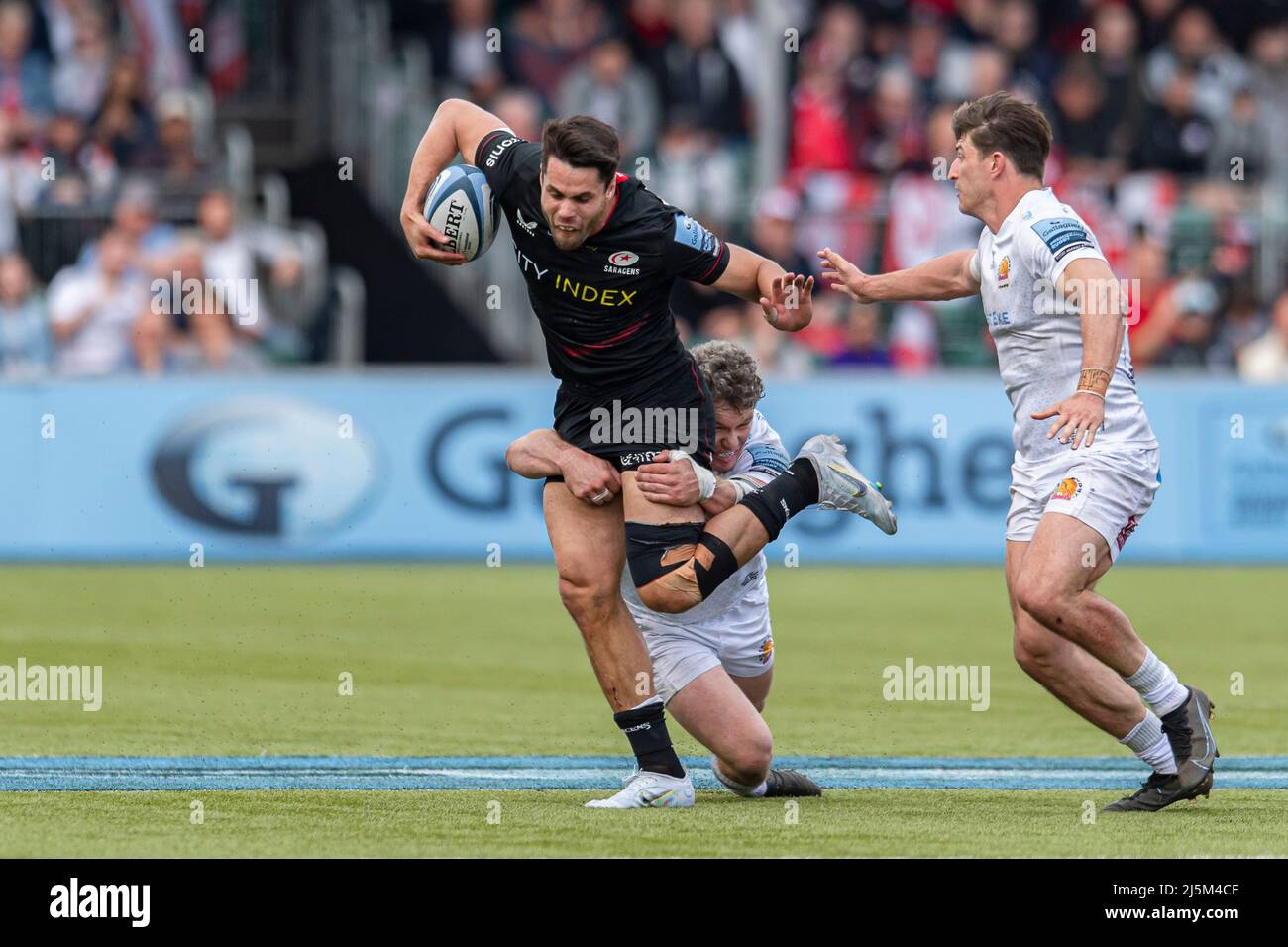 LONDON, UNITED KINGDOM. 24th, Apr 2022. Sean Maitland of Saracens is tackled during Gallagher Premiership Rugby Match between Saracens vs Exeter Chiefs at StoneX Stadium on Sunday, 24 April 2022. LONDON ENGLAND.  Credit: Taka G Wu/Alamy Live News Stock Photo