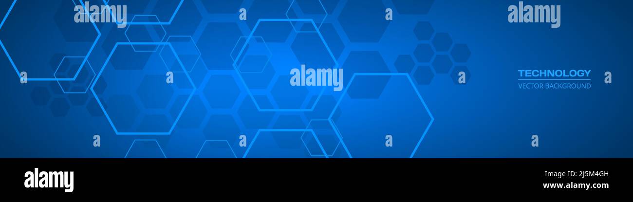 Technology dark blue wide abstract background with hexagonal elements ...