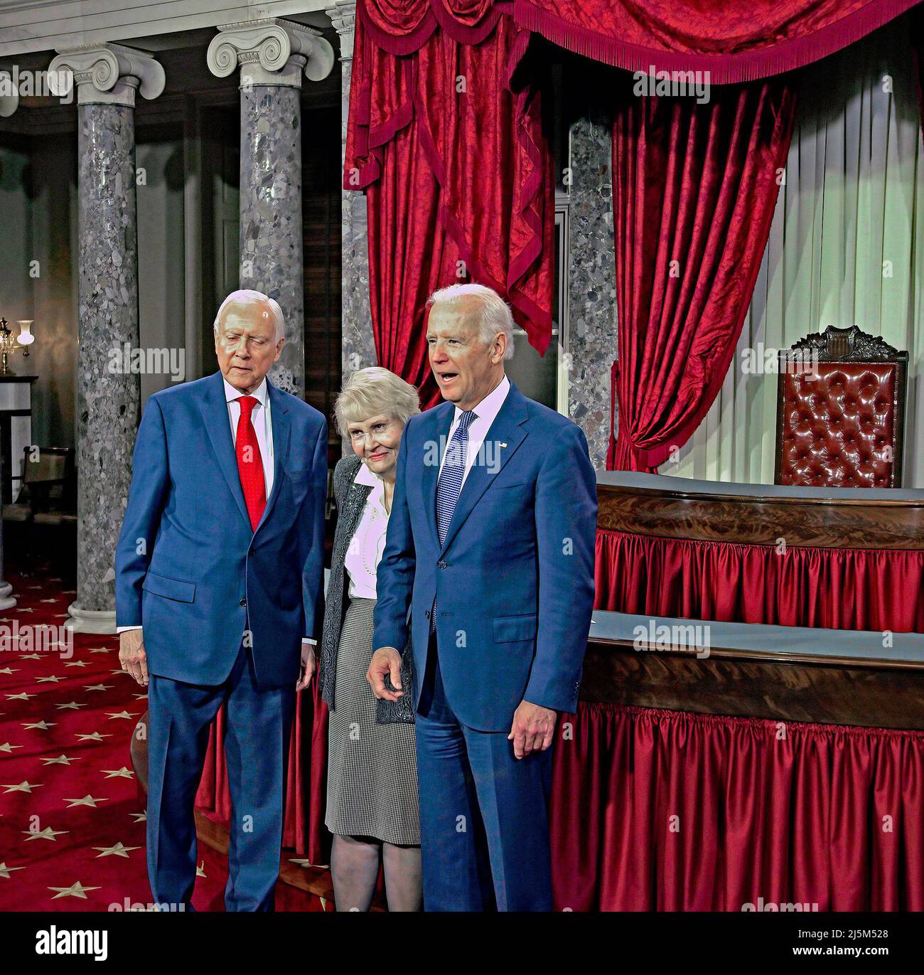WASHINGTON, DC JANUARY 6, 2015  Senator Orrin Hatch (R-UT) with his wife Elaine Hatch pose for pictures with Vice President Joe Biden (D) after Biden delivered the oath of office to Hatch Stock Photo
