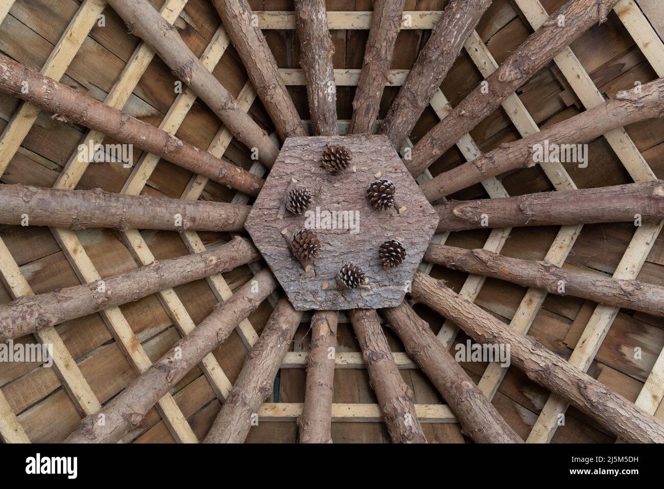 Looking up at the roof of the wooden summer house at Allen Banks, Northumberland, UK, in natural light, due to being a structure open on most sides. Stock Photo