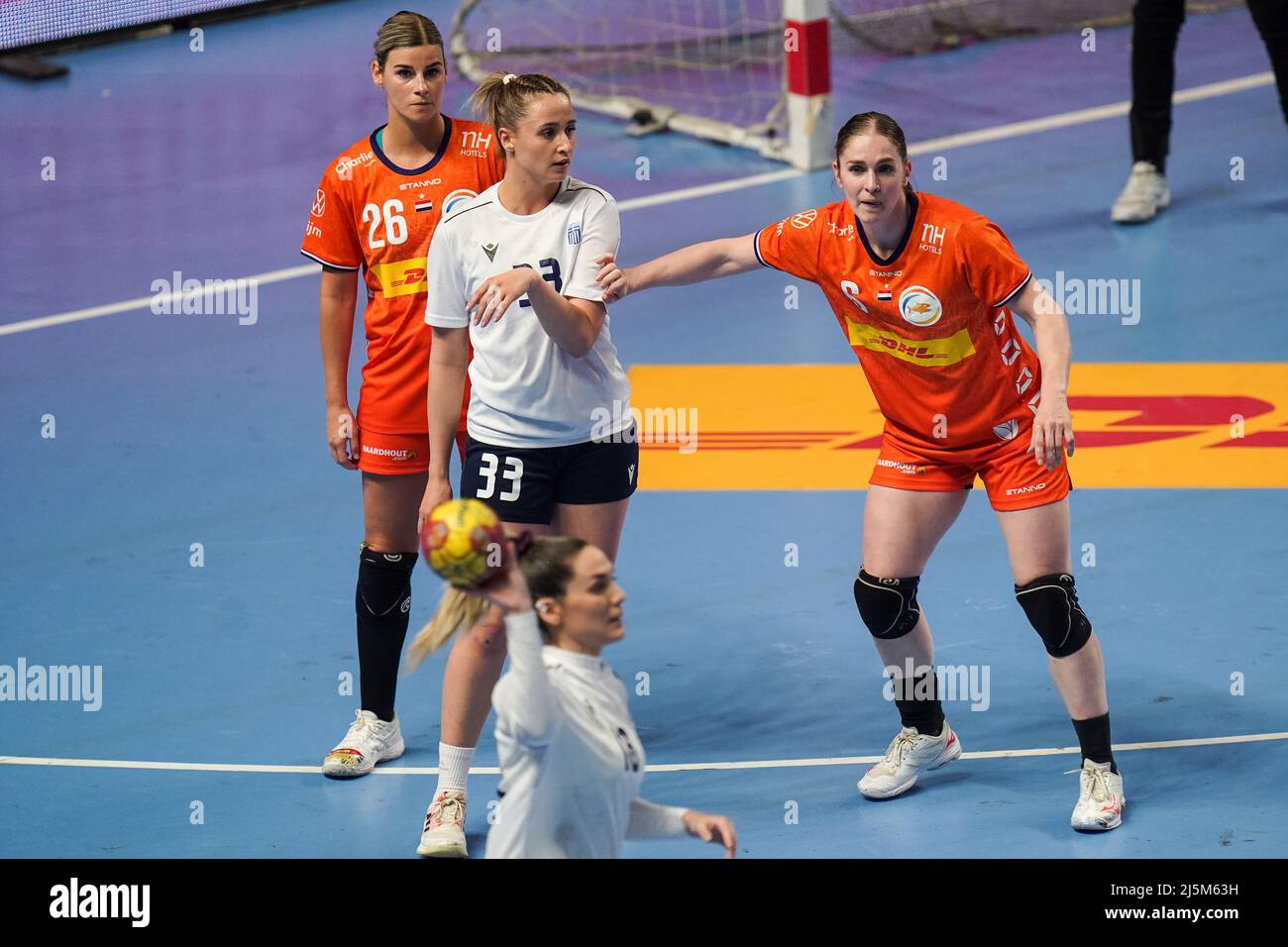ALMERE, NETHERLANDS - APRIL 24: Angela Malestein of the Netherlands,  Panagiota Argyropoulou of Greece and Laura van der Heijden of the  Netherlands during the EHF EURO 2022 Qualifiers Phase 2 match between