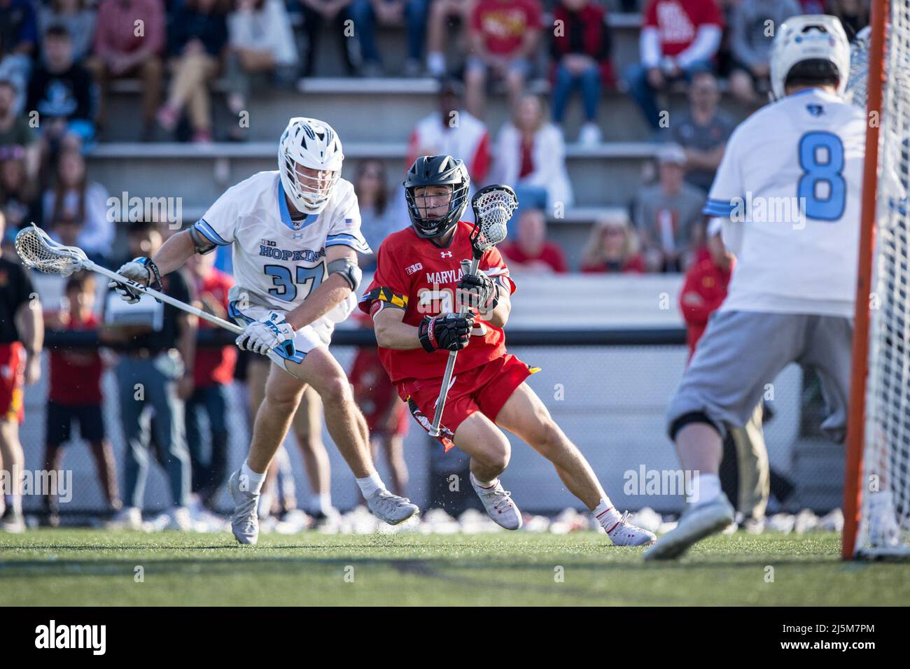 April 23, 2022: Maryland attack Kyle Long (23) score the opening goal in 29 seconds during the ncaa men's lacrosse regular season finale between the Maryland Terrapins and the Johns Hopkins Blue Jays at Homewood Field in Baltimore, Maryland Photographer: Cory Royster Stock Photo