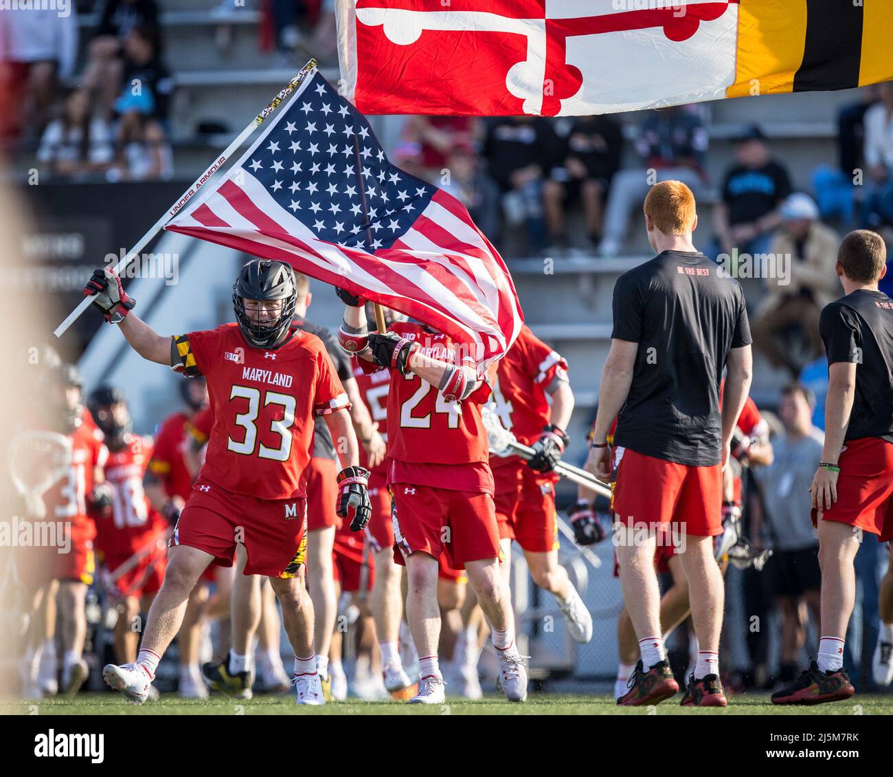 April 23, 2022: The Maryland Terrapins take the field before the ncaa men's lacrosse regular season finale between the Maryland Terrapins and the Johns Hopkins Blue Jays at Homewood Field in Baltimore, Maryland Photographer: Cory Royster Stock Photo