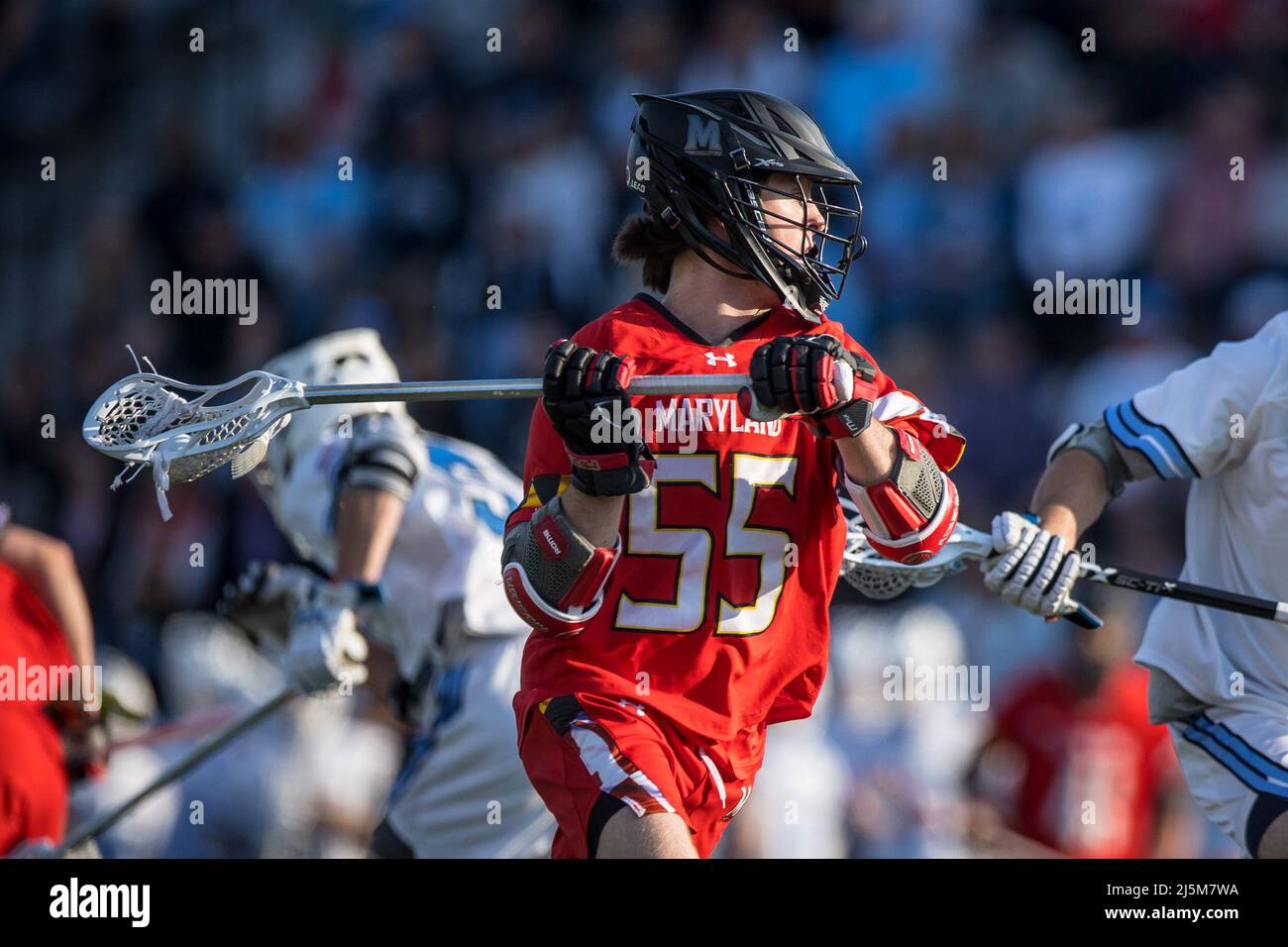 April 23, 2022: Maryland attack Owen Murphy (55) makes his way to the net during the ncaa men's lacrosse regular season finale between the Maryland Terrapins and the Johns Hopkins Blue Jays at Homewood Field in Baltimore, Maryland Photographer: Cory Royster Stock Photo