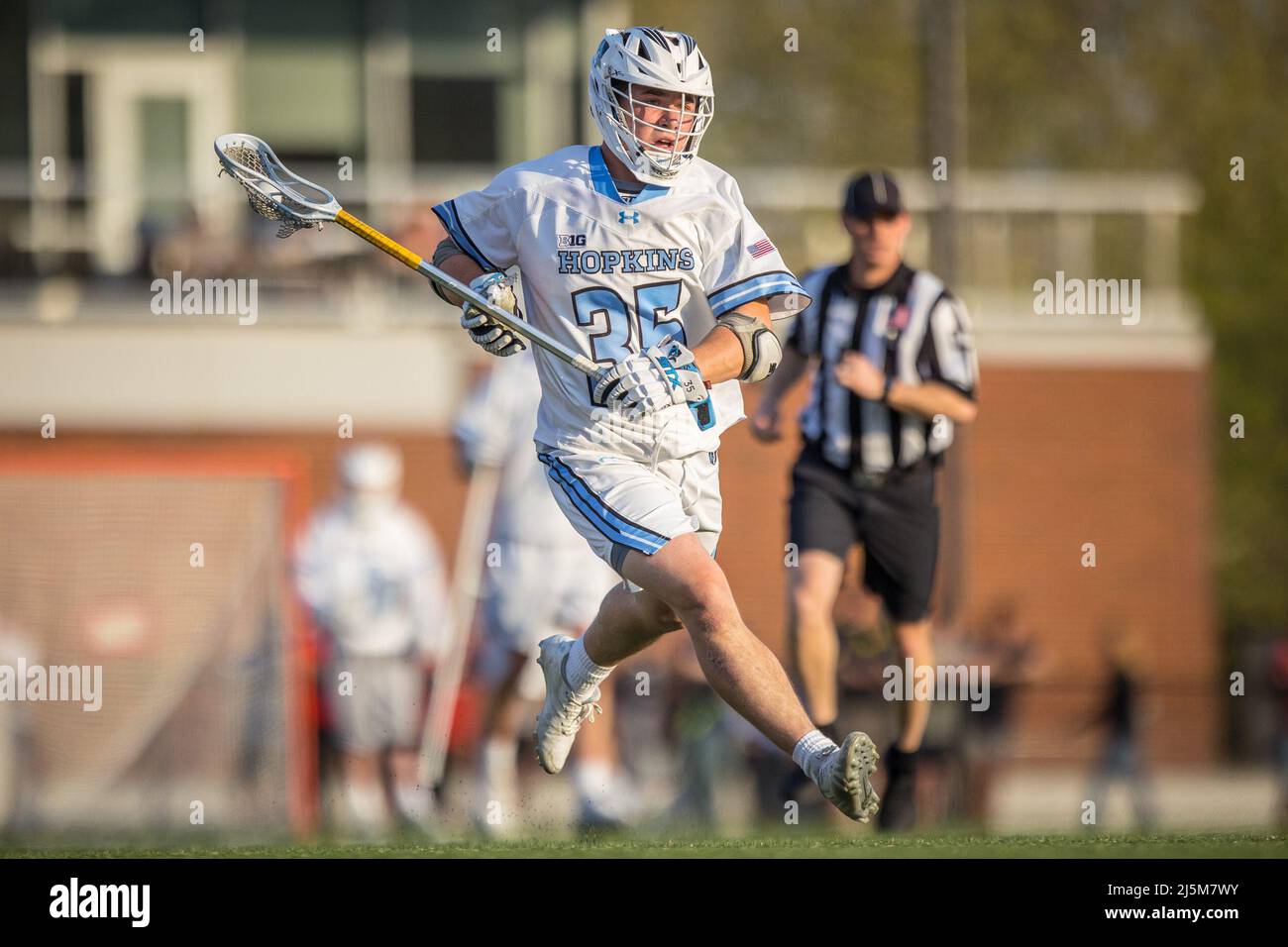April 23, 2022: Johns Hopkins fo Logan Callahan (35) brings the ball upfield during the ncaa men's lacrosse regular season finale between the Maryland Terrapins and the Johns Hopkins Blue Jays at Homewood Field in Baltimore, Maryland Photographer: Cory Royster Stock Photo