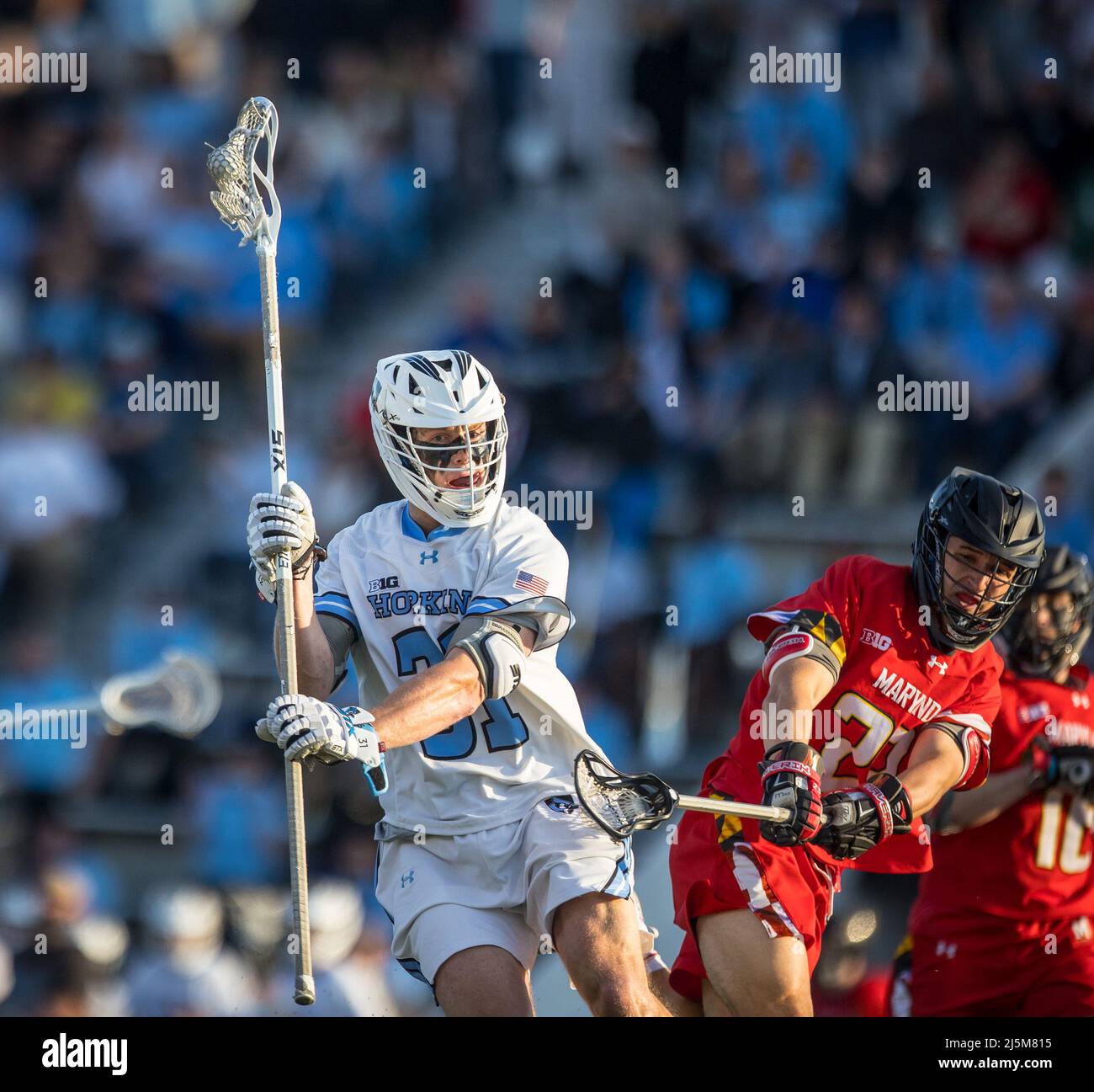 April 23, 2022: Johns Hopkins defender Owen McManus (31) and Maryland midfielder Jack Koras (22) during the ncaa men's lacrosse regular season finale between the Maryland Terrapins and the Johns Hopkins Blue Jays at Homewood Field in Baltimore, Maryland Photographer: Cory Royster Stock Photo