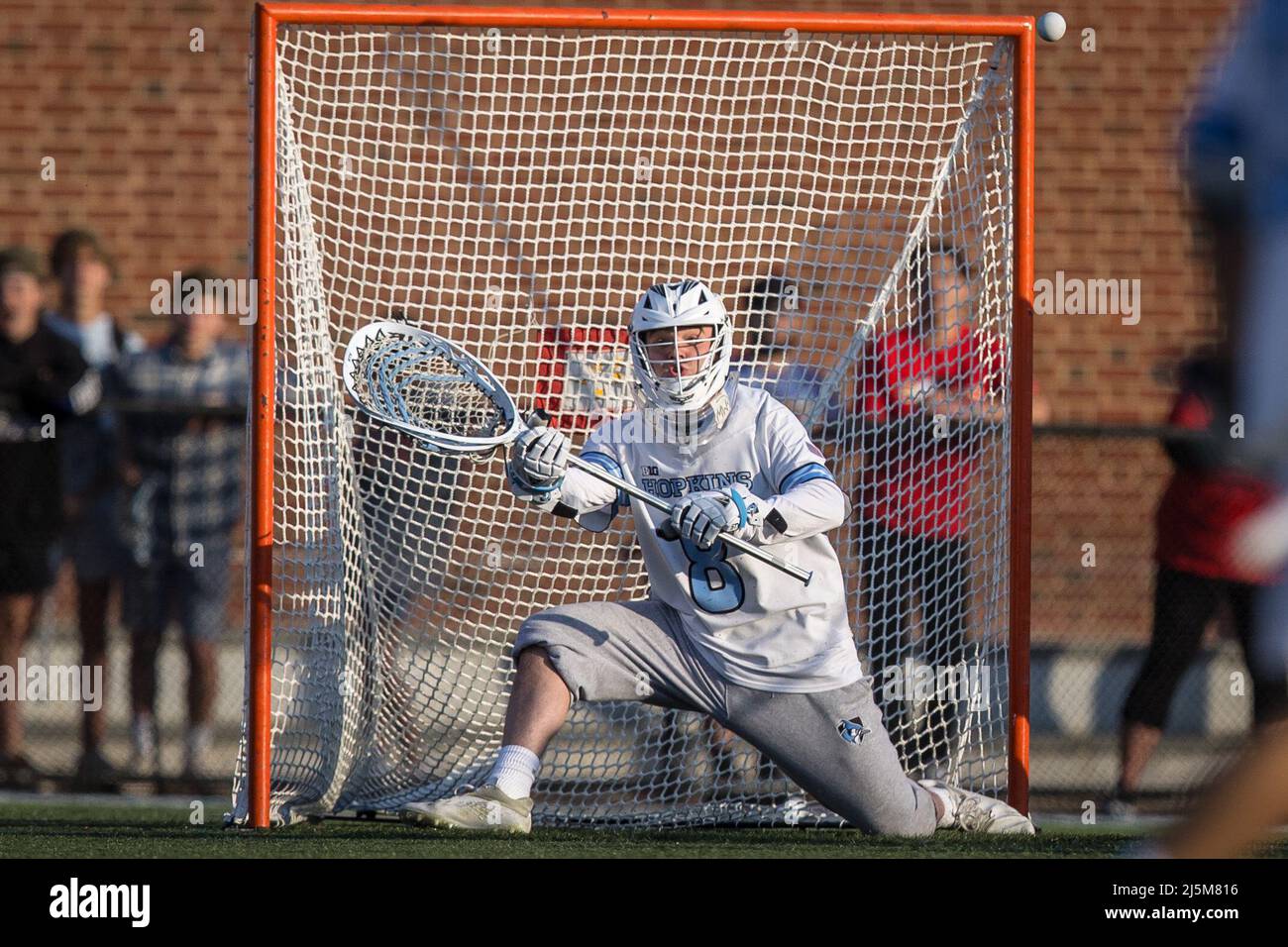 April 23, 2022: Johns Hopkins goalie Josh Kirson (8) in goal during the ncaa men's lacrosse regular season finale between the Maryland Terrapins and the Johns Hopkins Blue Jays at Homewood Field in Baltimore, Maryland Photographer: Cory Royster Stock Photo