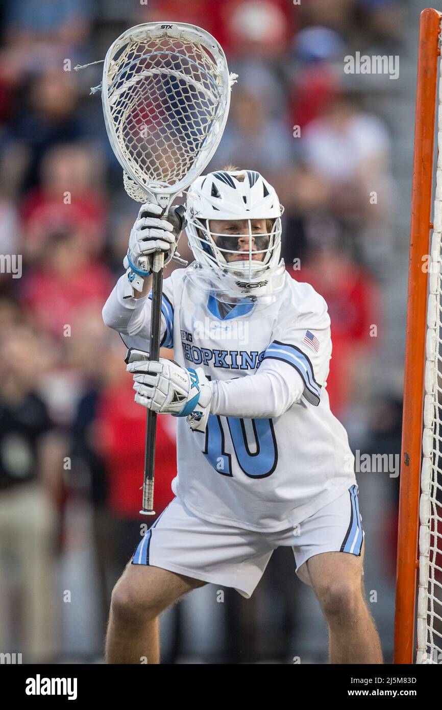 April 23, 2022: Johns Hopkins goalie Tim Marcille (10) in goal during the ncaa men's lacrosse regular season finale between the Maryland Terrapins and the Johns Hopkins Blue Jays at Homewood Field in Baltimore, Maryland Photographer: Cory Royster Stock Photo