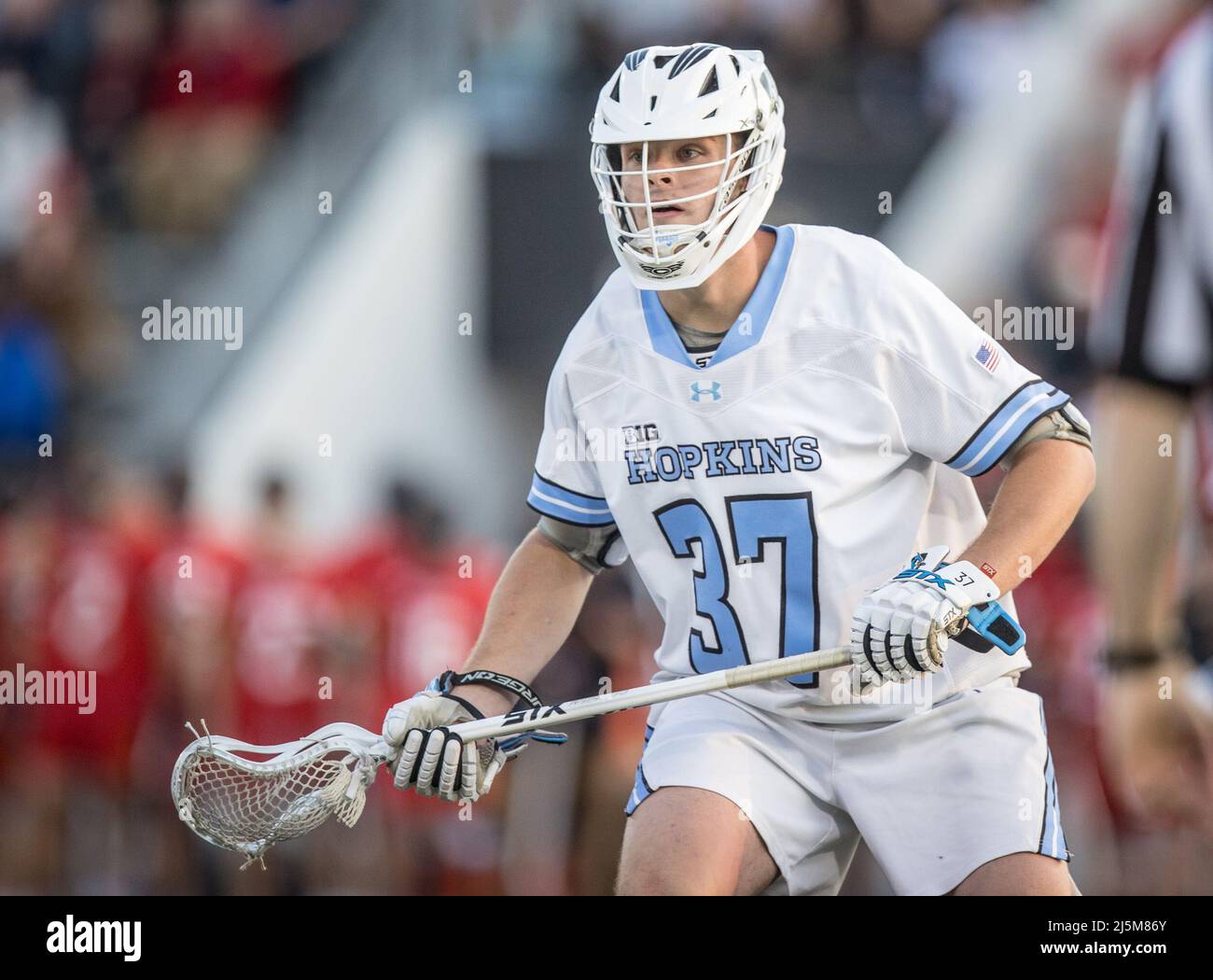 April 23, 2022: Johns Hopkins defender/midfielder Jake Lilly (37) during the ncaa men's lacrosse regular season finale between the Maryland Terrapins and the Johns Hopkins Blue Jays at Homewood Field in Baltimore, Maryland Photographer: Cory Royster Stock Photo