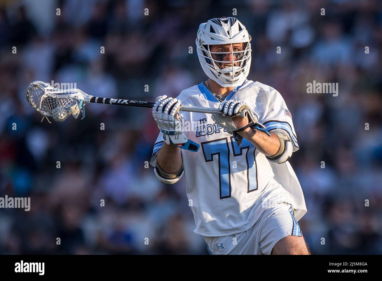 April 23, 2022: Johns Hopkins defender/midfielder Hunter Jaronski (77) during the ncaa men's lacrosse regular season finale between the Maryland Terrapins and the Johns Hopkins Blue Jays at Homewood Field in Baltimore, Maryland Photographer: Cory Royster Stock Photo