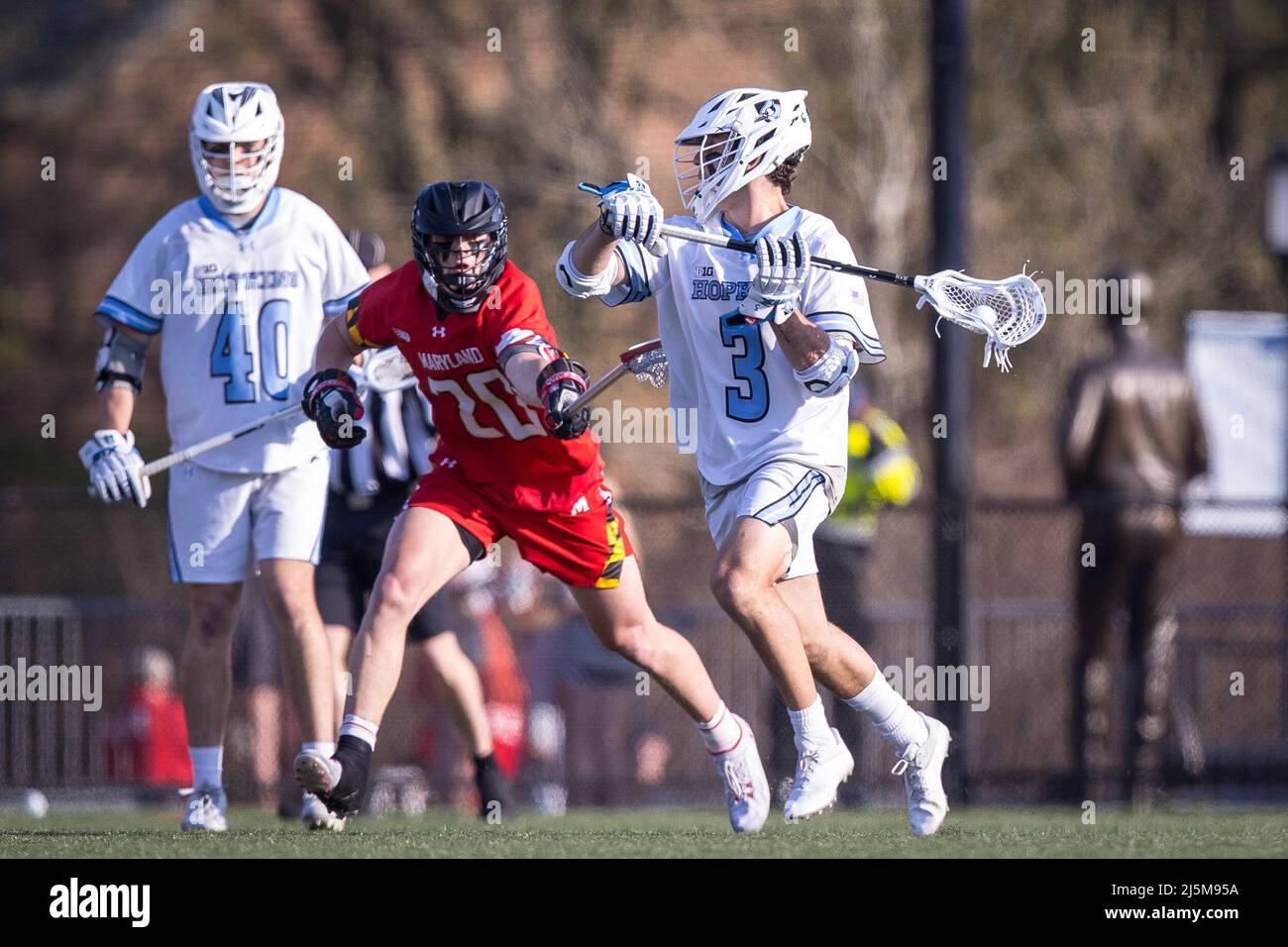 April 23, 2022: Johns Hopkins attack Connor DeSimone (3) passes the ball during the ncaa men's lacrosse regular season finale between the Maryland Terrapins and the Johns Hopkins Blue Jays at Homewood Field in Baltimore, Maryland Photographer: Cory Royster Stock Photo