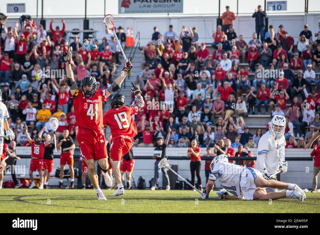 April 23, 2022: Maryland midfielder Jack Brennan (41) attacks the net and scores during the ncaa men's lacrosse regular season finale between the Maryland Terrapins and the Johns Hopkins Blue Jays at Homewood Field in Baltimore, Maryland Photographer: Cory Royster Stock Photo