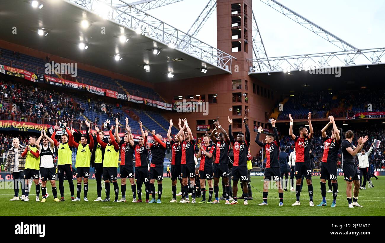 Genoa, Italy. 24 April 2022. Players of Genoa CFC celebrate the