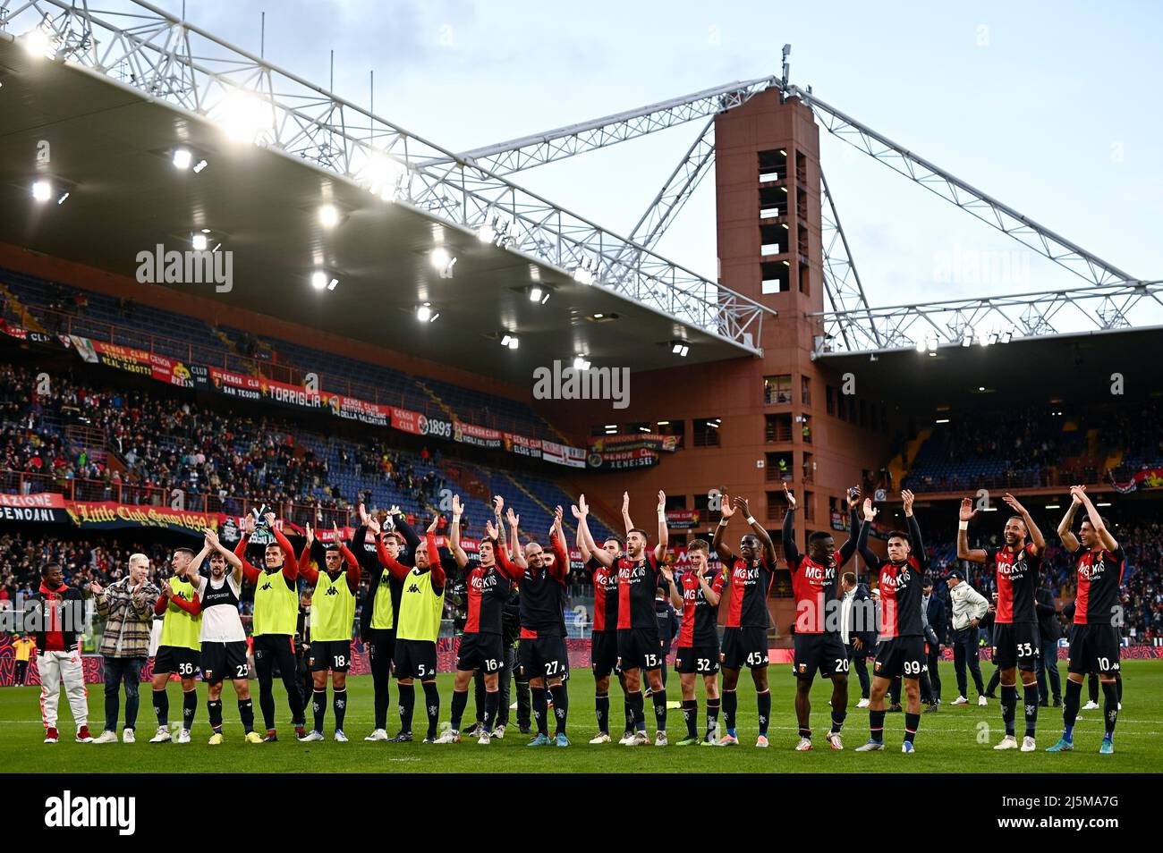 Genoa, Italy. 24 April 2022. Players of Genoa CFC celebrate the