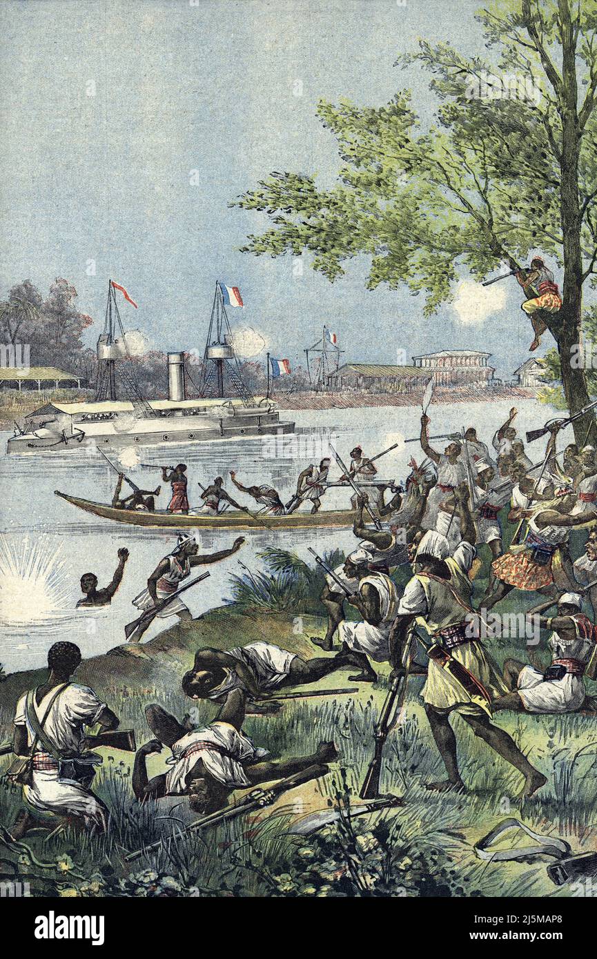 Seconde guerre du Dahomey : progression des francais vers Abomey aout 1892 (Second Franco-Dahomean War : trek to Abomey august 1892) Illustration tiree de "Le petit journal" 20 aout 1892 Collection privee Stock Photo