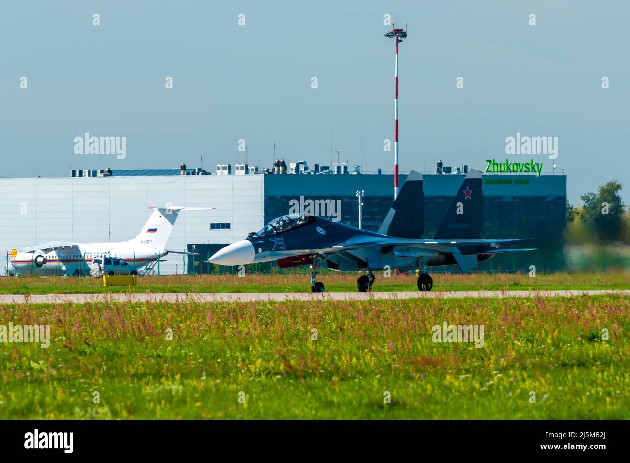 August 30, 2019, Zhukovsky, Russia. Russian multi-role fighter Su-30SM on the runway of the airfield. Stock Photo