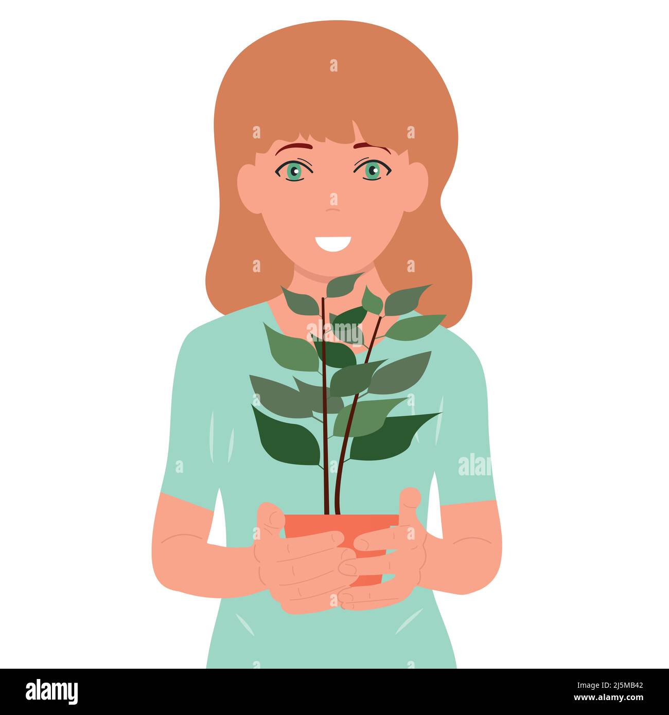 Portrait of a girl holding a potted flower in her hands. Ecology Stock ...