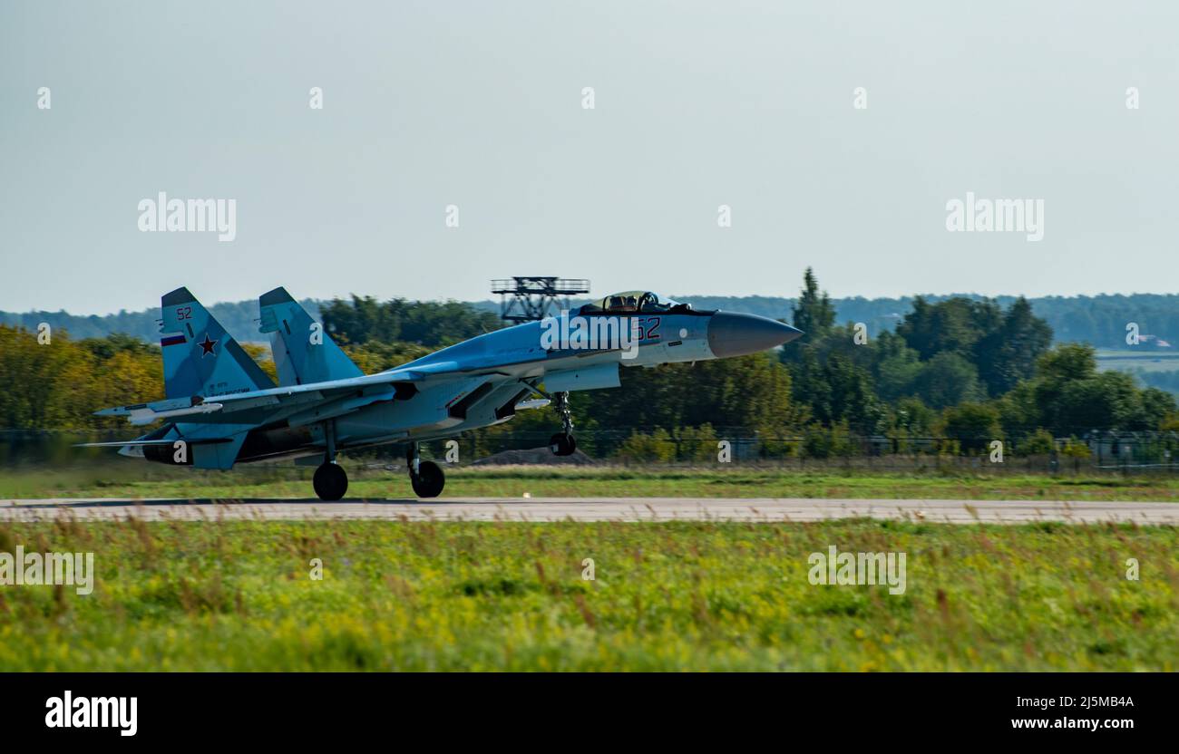 August 30, 2019, Zhukovsky, Russia. Russian multi-role fighter Sukhoi Su-35 on the runway of the airfield. Stock Photo
