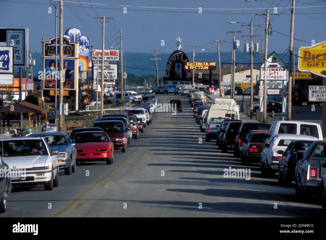 Branson, Missouri USA July 16, 1994: Traffic on Highway 76 in Branson, Missouri moved at a snail's pace at times following the 'Branson boom' when dozens of music theatres and entertainment venues were built.. Stock Photo