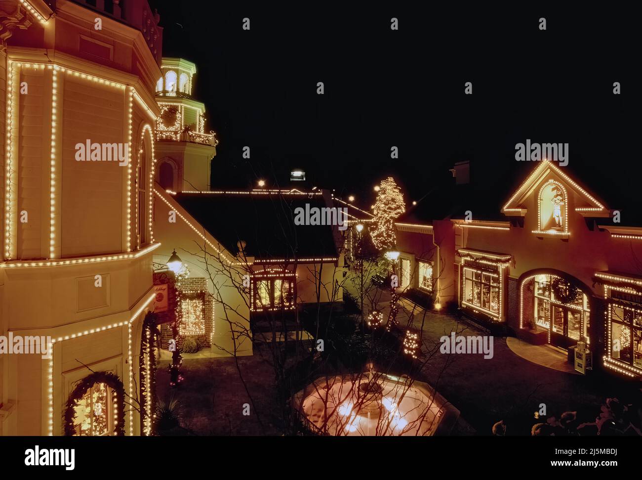 Branson, Missouri USA December 4, 1993: The Grand Village Shopping Center in Branson, Missouri at Christmas time gives an old time flavor to shopping. Stock Photo