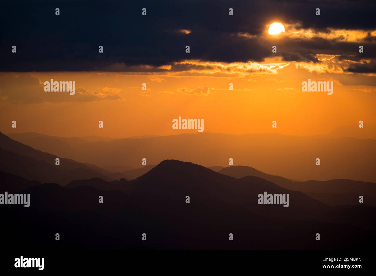 Hills at sunset on the northern slopes of the Serra del Cadí. Catalonia. Spain. Stock Photo