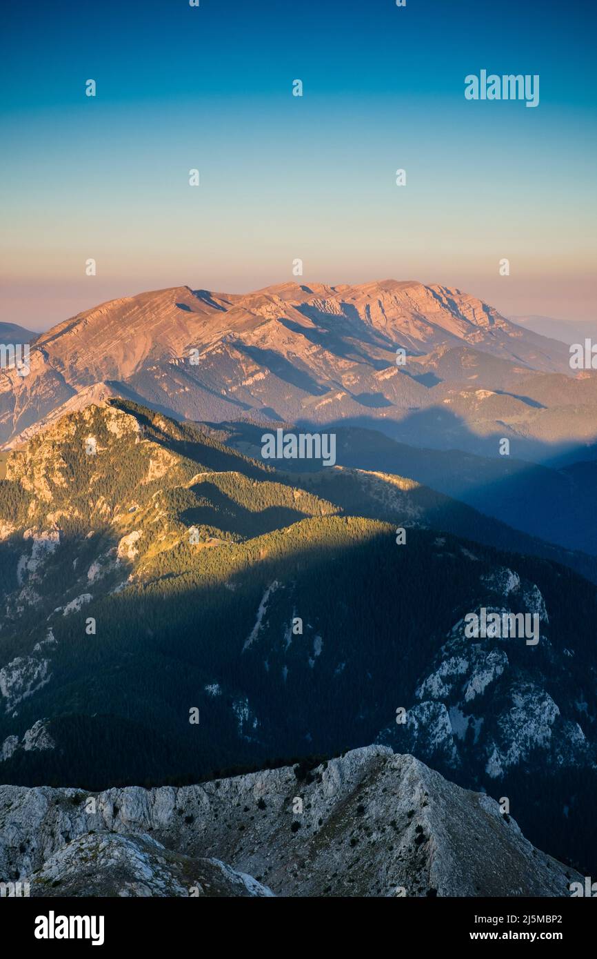 Morning light over the Serra del Cadí with the Serra de Moixeró in the foreground. Catalonia. Spain. Stock Photo