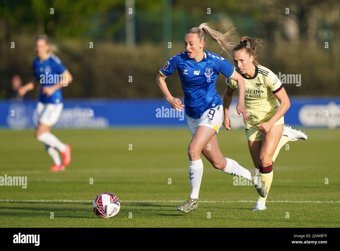 Everton's Toni Duggan and Arsenal's Lia Walti battle for the ball during the Barclays FA Women's Super League match at Walton Hall Park, Liverpool. Picture date: Sunday April 24, 2022. Stock Photo
