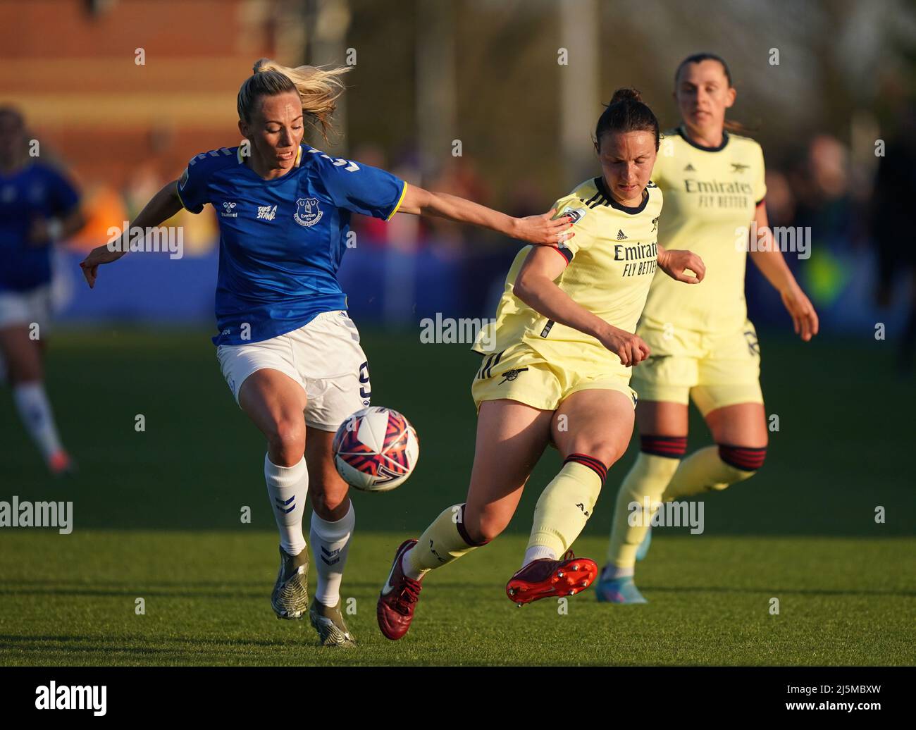 Everton's Toni Duggan (left) and Arsenal's Lotte Wubben-Moy battle for the ball during the Barclays FA Women's Super League match at Walton Hall Park, Liverpool. Picture date: Sunday April 24, 2022. Stock Photo