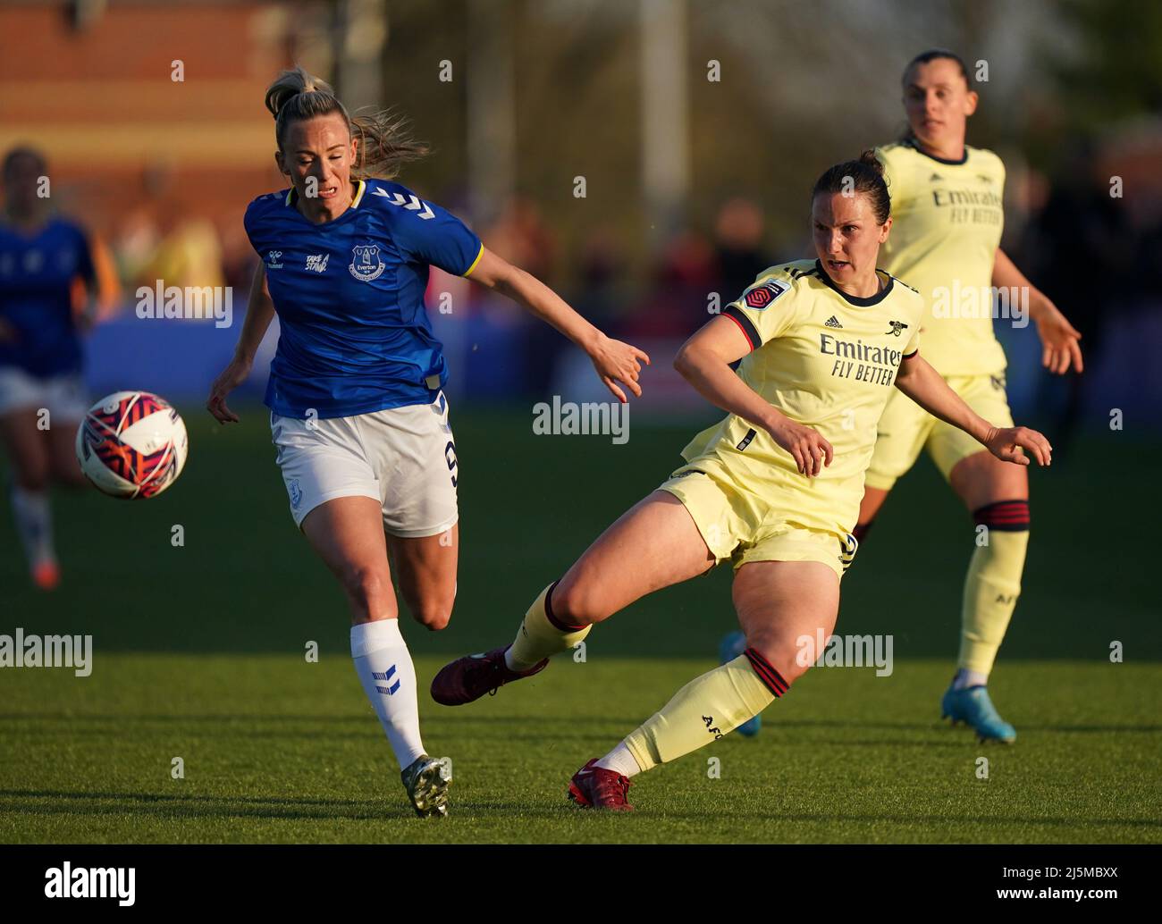 Everton's Toni Duggan (left) and Arsenal's Lotte Wubben-Moy battle for the ball during the Barclays FA Women's Super League match at Walton Hall Park, Liverpool. Picture date: Sunday April 24, 2022. Stock Photo